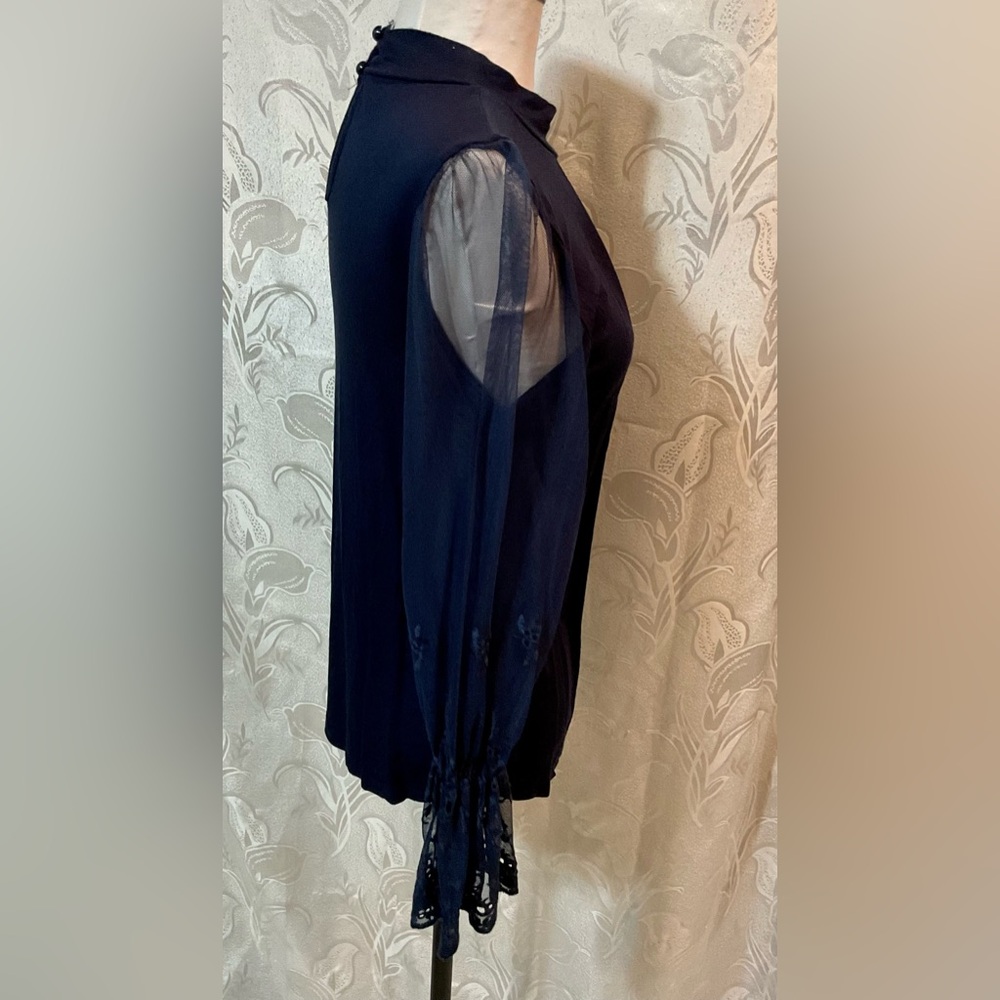 Willow Navy Blue Sheer Long Sleeve Mock Neck Blouse - Picture 2 of 6